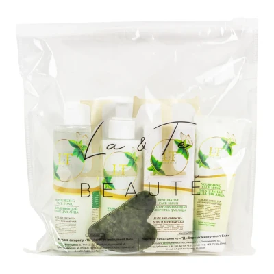 Набор Алоэ и зеленый чай( маска для лица.сыворотка для лица.гель-пилинг для умывания.тоник для лица.скребок гуаша.пакет250*250)