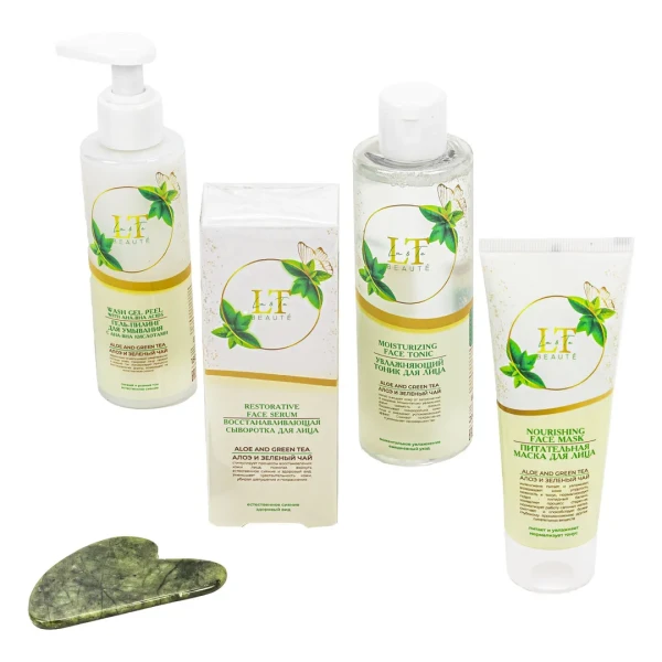 Набор Алоэ и зеленый чай( маска для лица.сыворотка для лица.гель-пилинг для умывания.тоник для лица.скребок гуаша.пакет250*250)