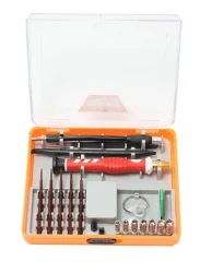 Отвертка ювелирная, с гибким удлинителем,пинцетом, комплектом бит и головок для точных работ (22пр.) в пластиковом футляре.