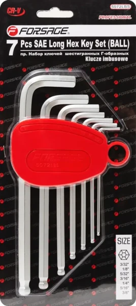 Набор ключей Г-образных 6-гранных длинных с шаром, 7пр.(3/32'', 1/8'', 5/32'', 3/16'', 1/4'', 5/16'', 3/8'') в пластиковом держателе