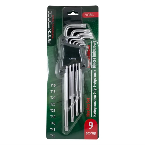 Набор ключей TORX Г-образных экстра длинных, 9пр. (Т10, Т15, Т20, Т25, Т27, Т30, Т40, Т45, Т50) в пластиковом держателе