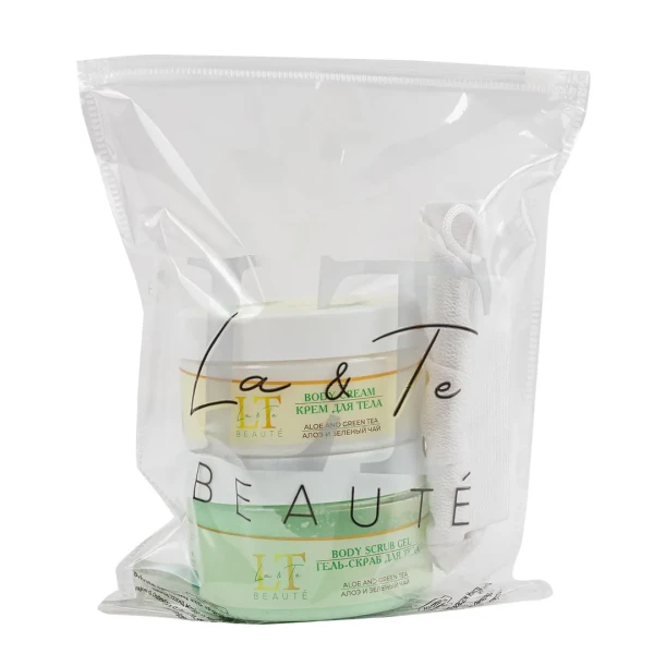 Набор Алоэ и зеленый чай(гель-скраб.крем для тела.мочалка.пакет 200*250)