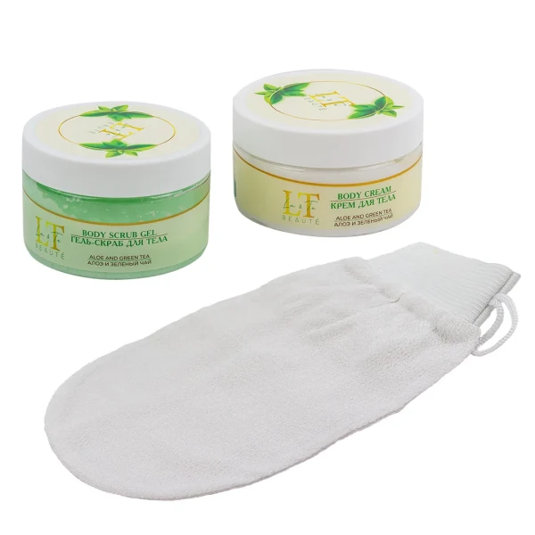 Набор Алоэ и зеленый чай(гель-скраб.крем для тела.мочалка.пакет 200*250)