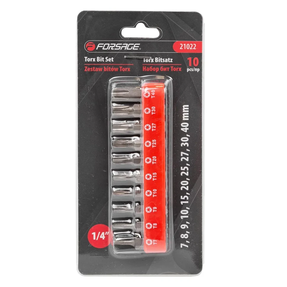 Набор бит TORX 10пр. 1/4''(T 7,8,9,10,15,20,25,27,30,40-25мм),в блистере