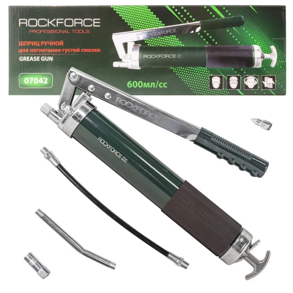 Шприц для нагнетания густой смазки ручной 600мл в комплекте с жестким(L-140мм) и гибким(L-300мм) наконечниками (2 штока,''под тубу'')