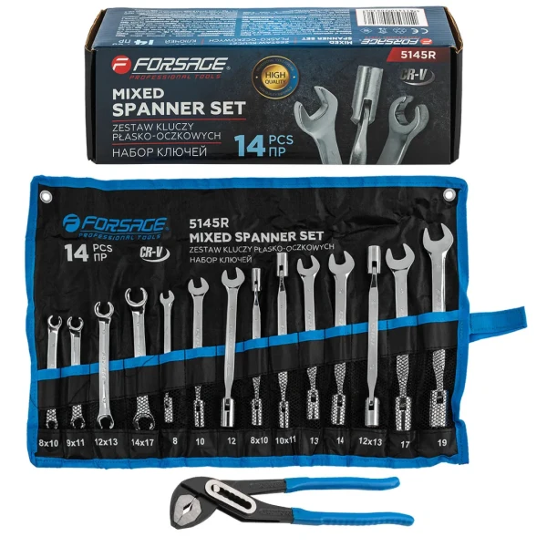 Набор ключей комбинированный 14пр.(разрезные:8х10,9х11,12х13,14х17мм,торц.шарнир-е:8х10,10х11,12х13мм,рожково-торцевые:8,10,12,13,14,17,19мм),на полот