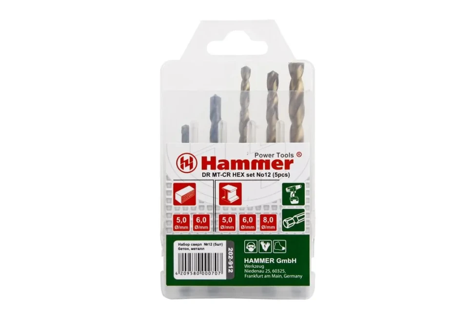 37075 Набор сверл Hammer Flex 202-912 DR set No12 HEX (5pcs) 5-8mm металл\камень, 5шт.