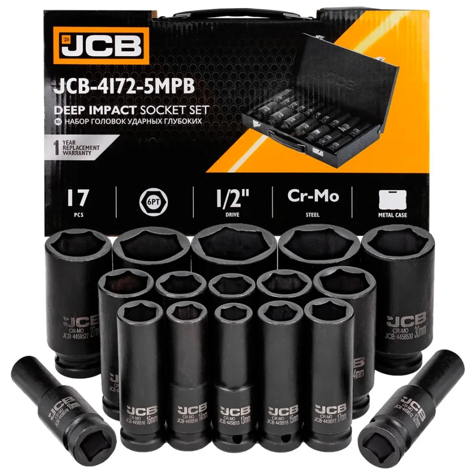 Набор головок ударных 17пр. 1/2'' (6гр.) (10,12-19,21,22,24,27,30,32,34,36мм),в метал кейсе