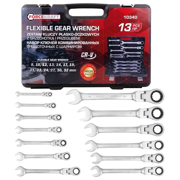 Набор ключей комбинированных трещоточных с шарниром 13пр.