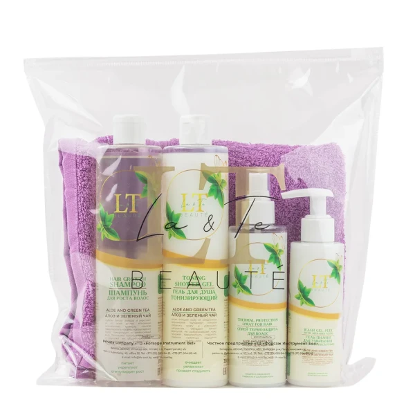Набор Алоэ и зеленый чай( гельдля душа.шампунь.спрей термозащита.гель-пилинг.полотенце 40*70.пакет 300*300)