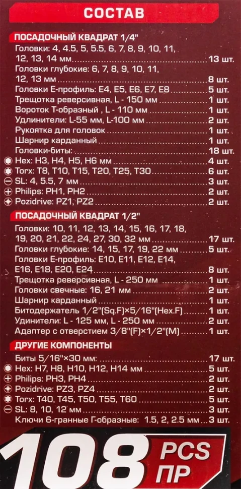 Набор инструментов 108пр. 1/2'', 1/4''(6гр.)(4-32мм)