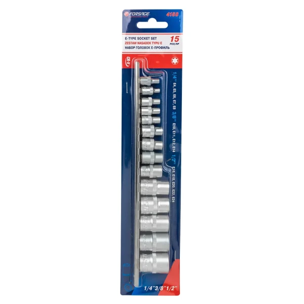 Набор головок Е-профиль 15пр. 1/4''&3/8''&1/2''(1/4''Е4-Е8,3/8''Е10-Е14,1/2''Е16-Е24) на планке