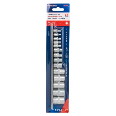Набор головок Е-профиль 15пр. 1/4''&amp;3/8''&amp;1/2''(1/4''Е4-Е8,3/8''Е10-Е14,1/2''Е16-Е24) на планке
