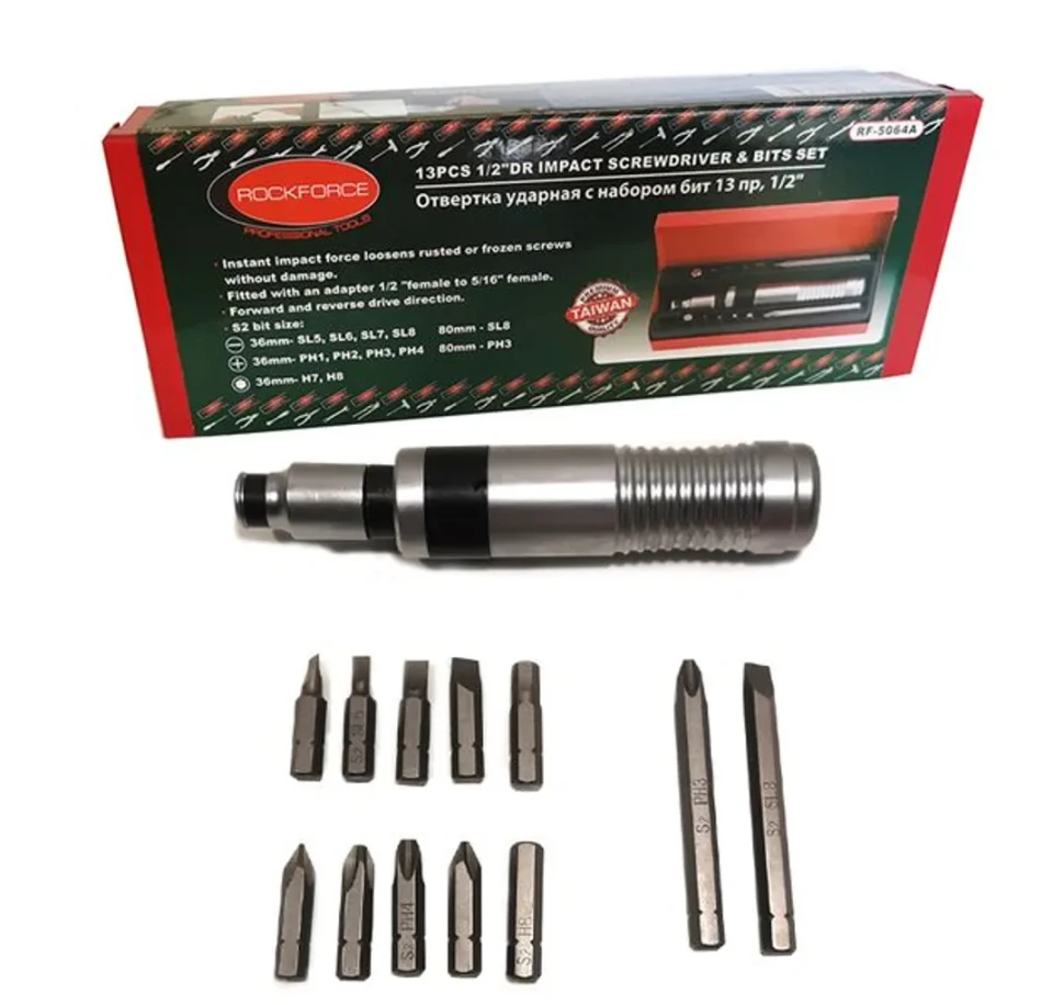 Отвертка ударная с набором бит и адаптером,13пр 1/2''(F)х5/16''(F) (PH 1,2,3,4х36мм, PH3х80мм, SL 5,6,7,8х36мм, SL8х80мм, H 7,8х36мм) в метал. кейсе