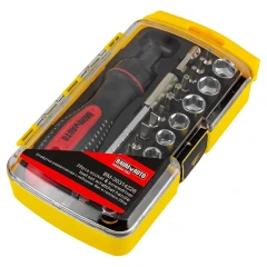 Отвертка реверсивная телескопическая с комплектом бит и головок (28пр.) в пластиковом футляре.