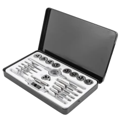 Набор метчиков и плашек метрический 20пр. (М3х0.5, М4х0.7, М5х0.8, М6х1, М7х1, М8х1.25, М10х1.5, М12х1.75, 1/8NPT27), в металлическом кейсе