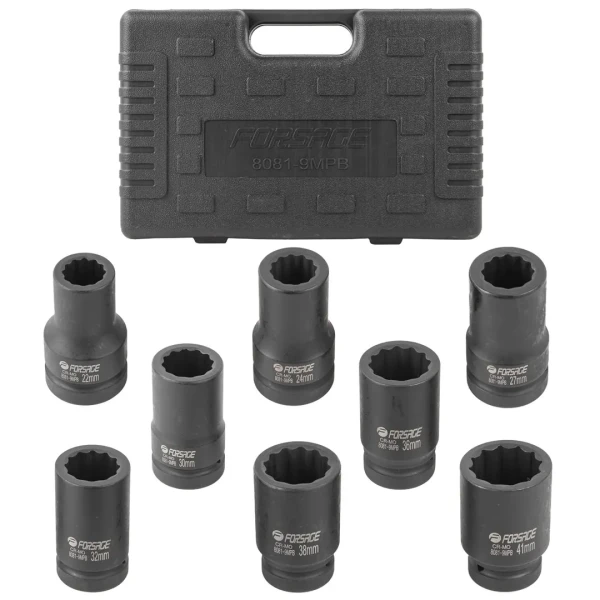 Набор головок ударных глубоких 1''8пр. (12гр.) (22,24,27,30,32,36,38,41мм),в кейсе