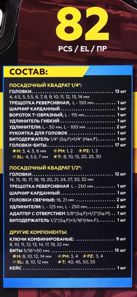 Набор инструментов 82пр.1/4'',1/2''(6гр.)(4-32мм)