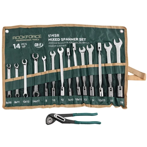 Набор ключей комбинированный 14пр.(разрезные:8х10,9х11,12х13,14х17мм,торц.шарнир-е:8х10,10х11,12х13мм,рожково-торцевые:8,10,12,13,14,17,19мм),на полот