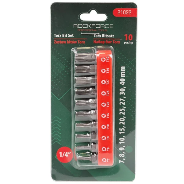 Набор бит TORX 10пр. 1/4''(T 7,8,9,10,15,20,25,27,30,40-25мм),в блистере