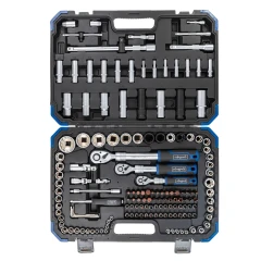 Набор инструментов 150+6пр.1/4''3/8''1/2''(6-гр.)(4-36мм, 3/8'':10-19мм 12гр., 1/2'':27,30,32,36-12гр.)+(биты 5/16'':М6,8,10,12,14, гибкий удлинитель 1/4'')