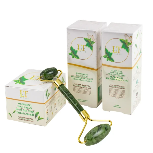 Набор Алоэ и зеленый чай(крем для лица.сыворотка для лица.гель алоэ для кожи вокруг глаз.массажный ролик.пакет 200*250)