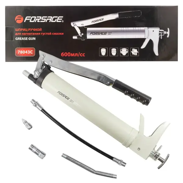 Шприц для нагнетания густой смазки ручной 600мл в комплекте с жестким(L-170мм) и гибким(L-330мм) наконечниками(привод:рычажный/пистолетного типа,1шток