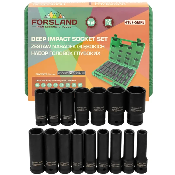 Набор головок ударных глубоких 16пр. 1/2'' 6гр.(10-19,21,22,24,27,30,32мм)в кейсе