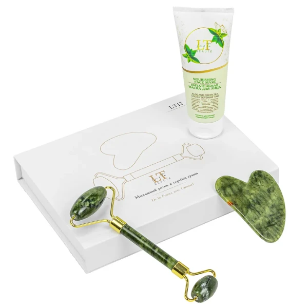 Набор Алоэ и зеленый чай(маска для лица.набор(массажный ролик+скребок гуаша.пакет 250*250)