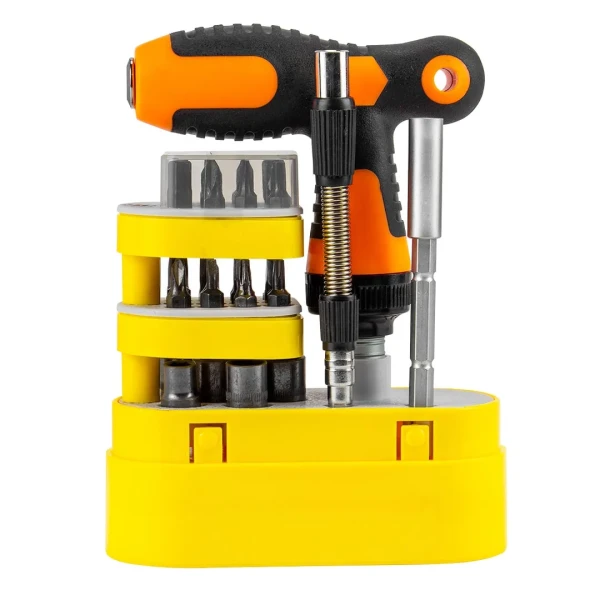 Отвертка реверсивная Т-образная телескопическая, с гибким удлинителем, комплектом бит и головок (32пр.) в пластиковом футляре.