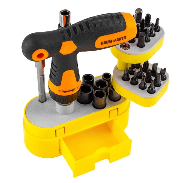 Отвертка реверсивная Т-образная телескопическая, с гибким удлинителем, комплектом бит и головок (32пр.) в пластиковом футляре.