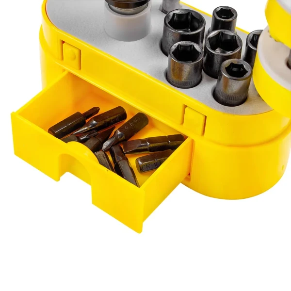 Отвертка реверсивная Т-образная телескопическая, с гибким удлинителем, комплектом бит и головок (32пр.) в пластиковом футляре.