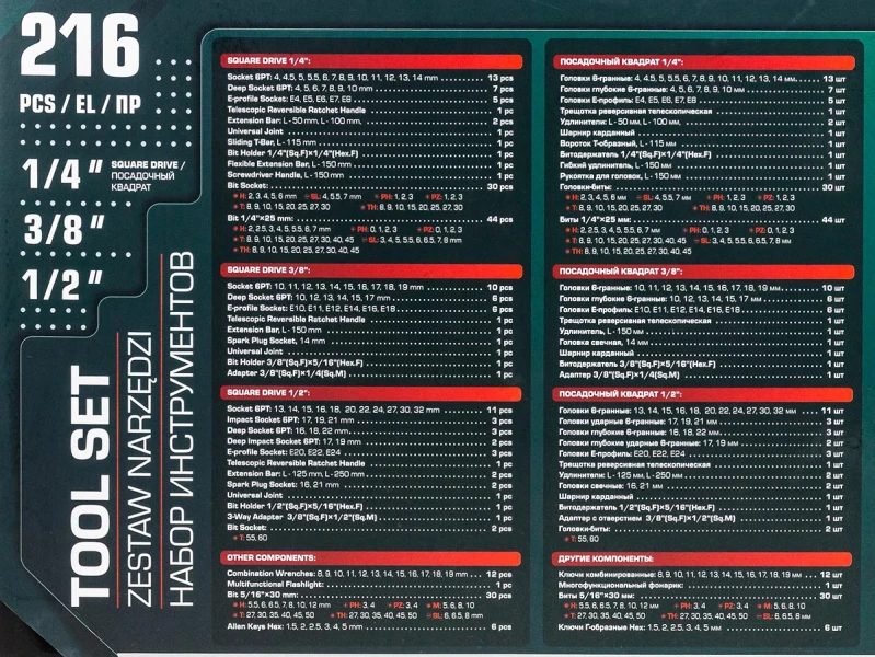 Набор инструментов 216пр. 1/4'', 3/8'', 1/2''(6гр.)