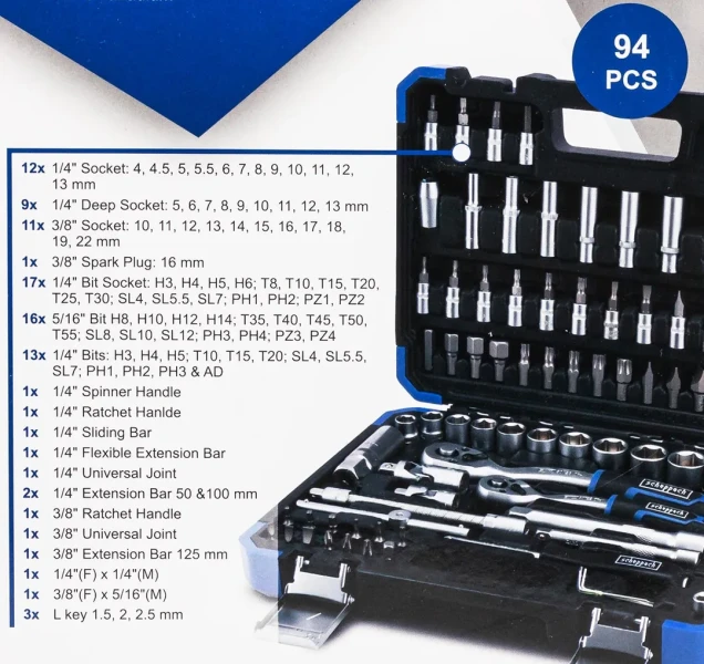 Набор инструментов 94 пр. 1/4'', 3/8''(6гр.) (4-22мм)