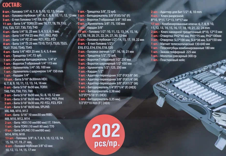 Набор инструментов 202пр.1/4''&3/8''&1/2''(6-гр.)(4-32мм)