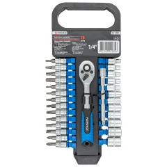 Набор головок и бит с трещоткой 28пр. 1/4''(4-14мм, Torx:T10-T30, Hex:3-6мм,SL:4,5.5,7мм, PH1,2),в пластиковом держателе