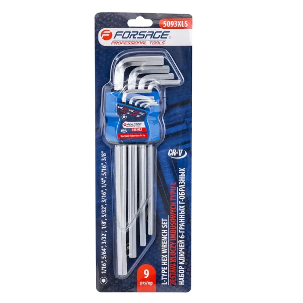 Набор ключей Г-образных 6-гранных, 9пр.(1/16'', 5/64', 3/32'', 1/8'', 5/32'', 3/16'', 1/4'', 5/16'', 3/8'')в пластиковом держателе