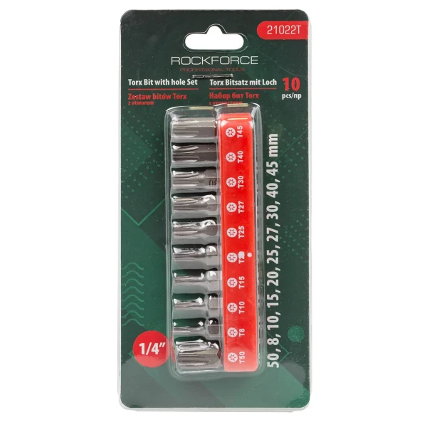 Набор бит TORX с отверстием 10пр. 1/4''(TН 7,8,9,10,15,20,25,27,30,40-25мм),в блистере