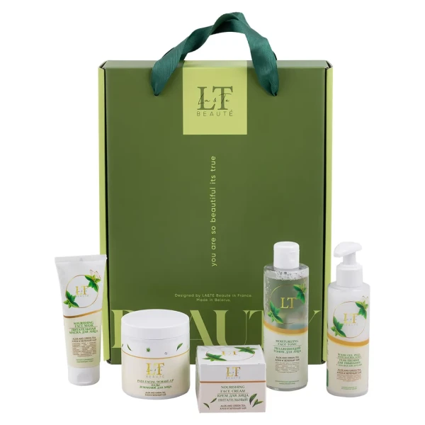 Набор косметики Алоэ и зеленый чай, 5 предметов ( маска для лица 2159,пэды 2258,крем 2142,гель-пилинг 2241,тоник 2180)