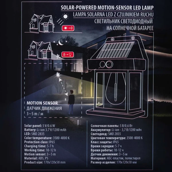 Светильник светодиодный на солнечной батарее с датчиком движения(3.7В/1200мАч,SMD2835,3500-4000,t зарядки 5-7ч,t работы 10-12ч)