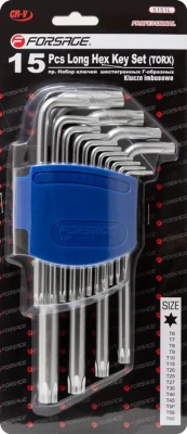 Набор ключей Г-образных TORX длинных, 15пр.(Т6, Т7, Т8, Т9, Т10, Т15, Т20, Т25, Т27, T30, T40, T45, T50, T55, T60)в пластиковом держателе