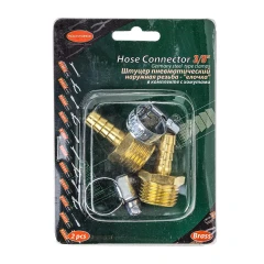 Штуцер пневматический наруж. резьба 3/8''- ''елочка''8мм ( к-т 2 шт. + хомуты для крепежа) в блистере