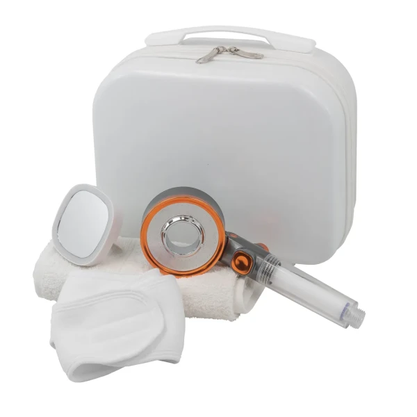 Набор(сумка белая 2149#+полотенце+зеркало52870+повязка на голову на липучке+лейка для душа52057)