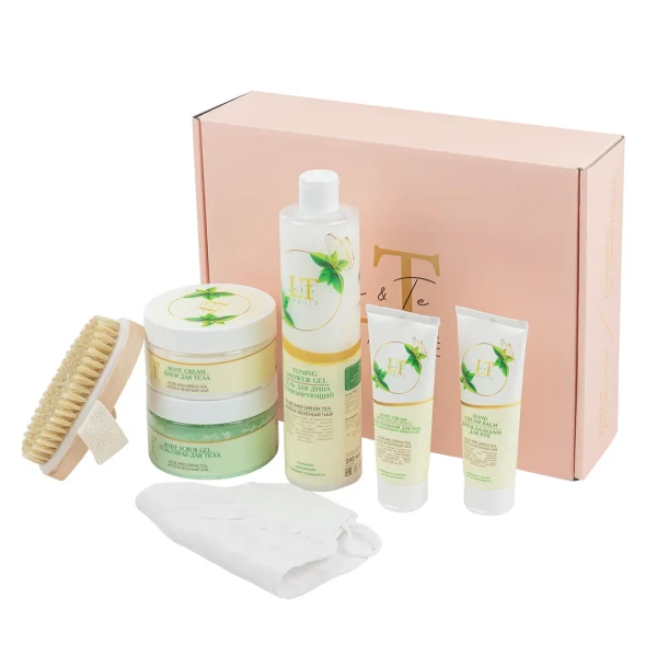 Набор Алоэ и зеленый чай(гель для душа.крем бальзам для рук.гель-скраб для тела.крем для ног,крем для тела.щетка массажная.мочалка-рукавица.упаковка)