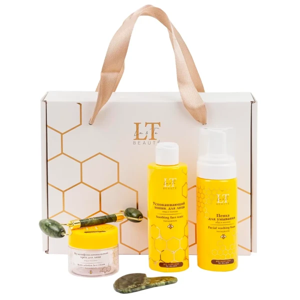 Набор мед и молоко для сухой кожи лица(тоник LT-1190,крем-LT1220.пенка-LT-1251.скребок гуаша.массажный ролик зеленый)
