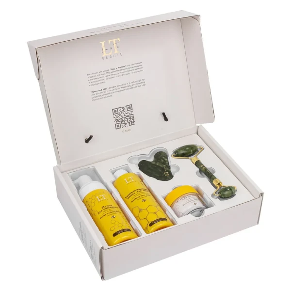 Набор мед и молоко для сухой кожи лица(тоник LT-1190,крем-LT1220.пенка-LT-1251.скребок гуаша.массажный ролик зеленый)