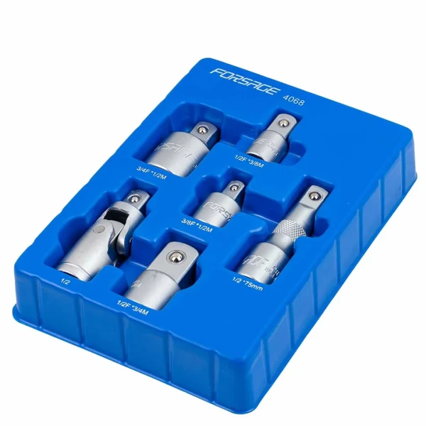 Набор адаптеров 6пр(3/8''(F)x1/2''(M),1/2''(F)x3/8''(M),1/2''(F)x3/4''(M),3/4''(F)x1/2''(M),удлинитель 125мм, кардан 1/2''),в ложементе