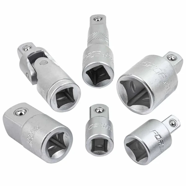 Набор адаптеров 6пр(3/8''(F)x1/2''(M),1/2''(F)x3/8''(M),1/2''(F)x3/4''(M),3/4''(F)x1/2''(M),удлинитель 125мм, кардан 1/2''),в ложементе