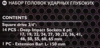 Набор головок ударных глубоких 3/4''14пр.(6гр.)(17,19,22,24,27,30,32,36,41,46,50,55,60,65мм)в метал. кейсе