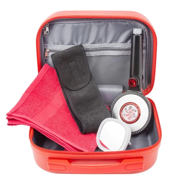 Набор(сумка красная 2149#+полотенце+зеркало52870+повязка на голову на липучке+лейка для душа52056)